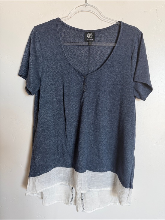 bobeau Tops - bobeau Slate Blue Short Sleeve Layered Hem Top with White Trim